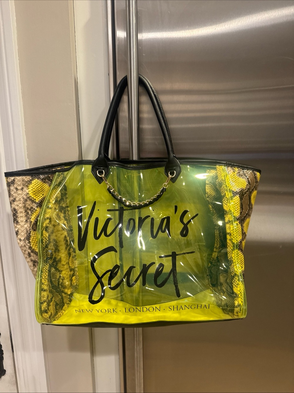 Victoria's Secret Yellow Clear Tote for Beach Pool with Snake-Print Sides RARE
